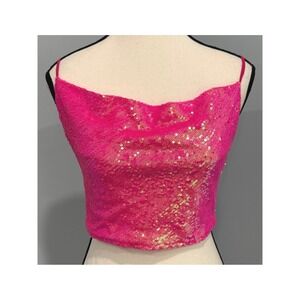 NWT GB Giani Bini Women's Small Hot Pink Sequin Cowl Neck Crop Top Tie Back
